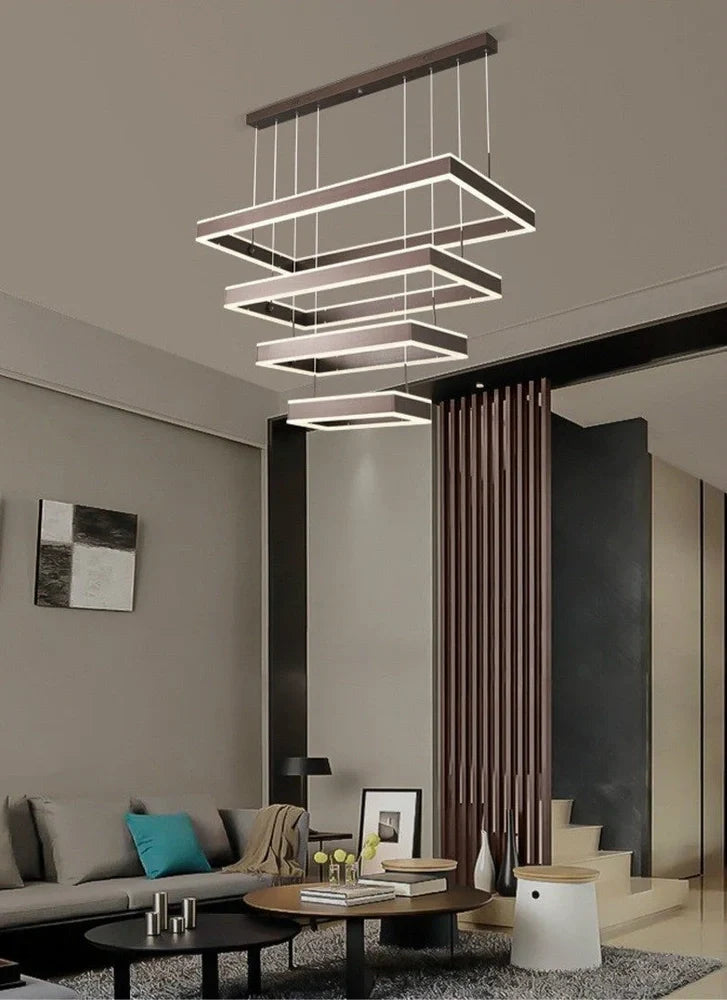 Brown aluminium fish pendant ceiling light with remote control and multiple circle sizes