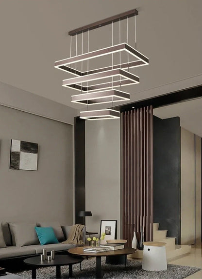 Brown aluminium fish pendant ceiling light with remote control and multiple circle sizes
