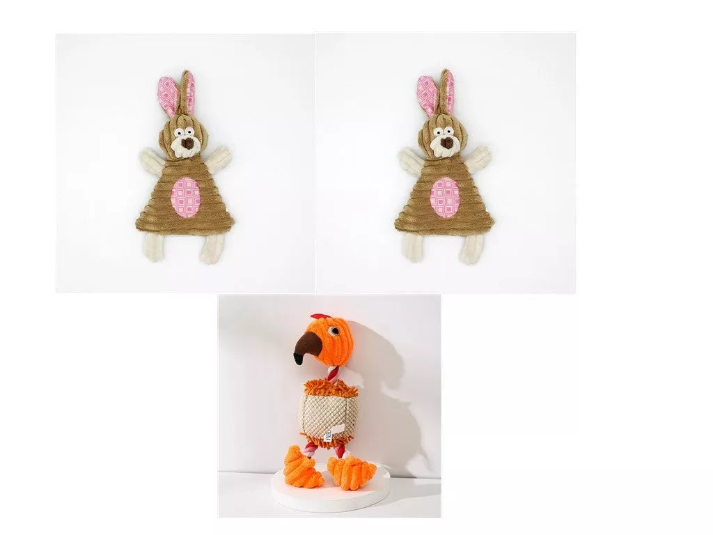 Donkey-shaped corduroy chew toy for dogs with squeaker, available in white, brown, and gray