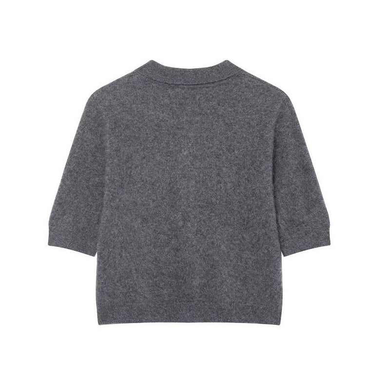 Grey striped women's short-sleeved shirt with regular fit and 50cm length