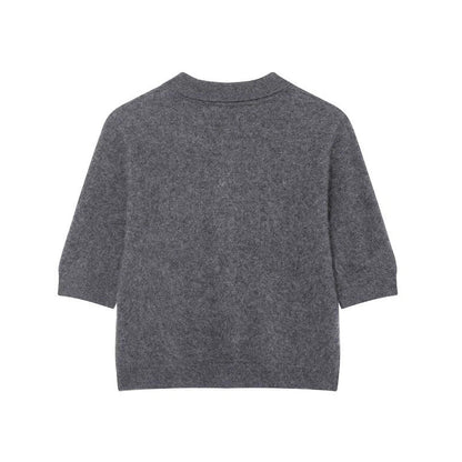 Grey striped women's short-sleeved shirt with regular fit and 50cm length