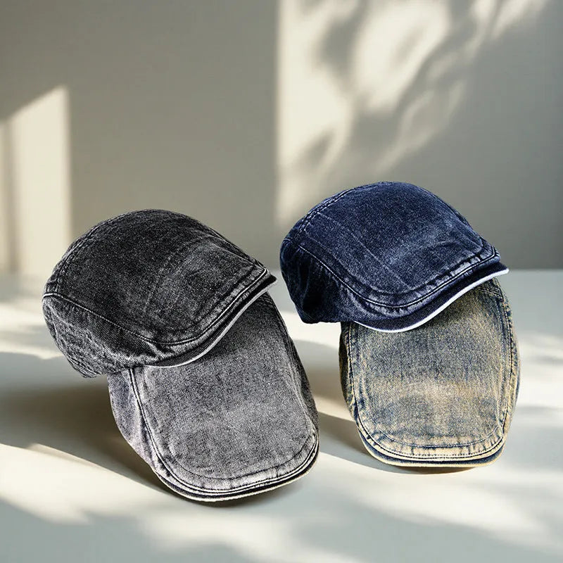 Men's denim baseball cap with flat crown in Korean style, shown in multiple colour options