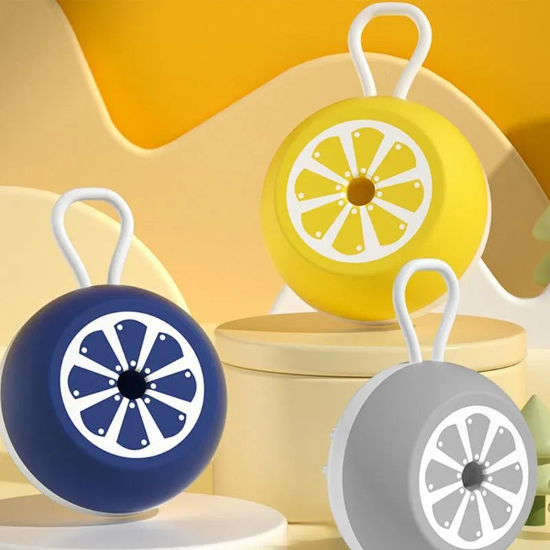 Blue, grey, and yellow 3-in-1 dog shampoo brush with massage points on a white background.