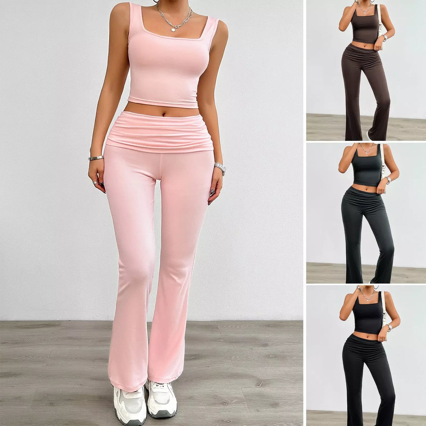 Women's casual solid color vest body-hugging suit in polyester, available in pink, black, dark gray, and brown.