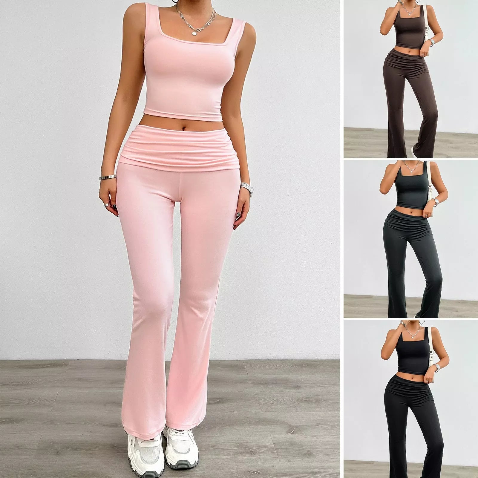 Women's casual solid color vest body-hugging suit in polyester, available in pink, black, dark gray, and brown.