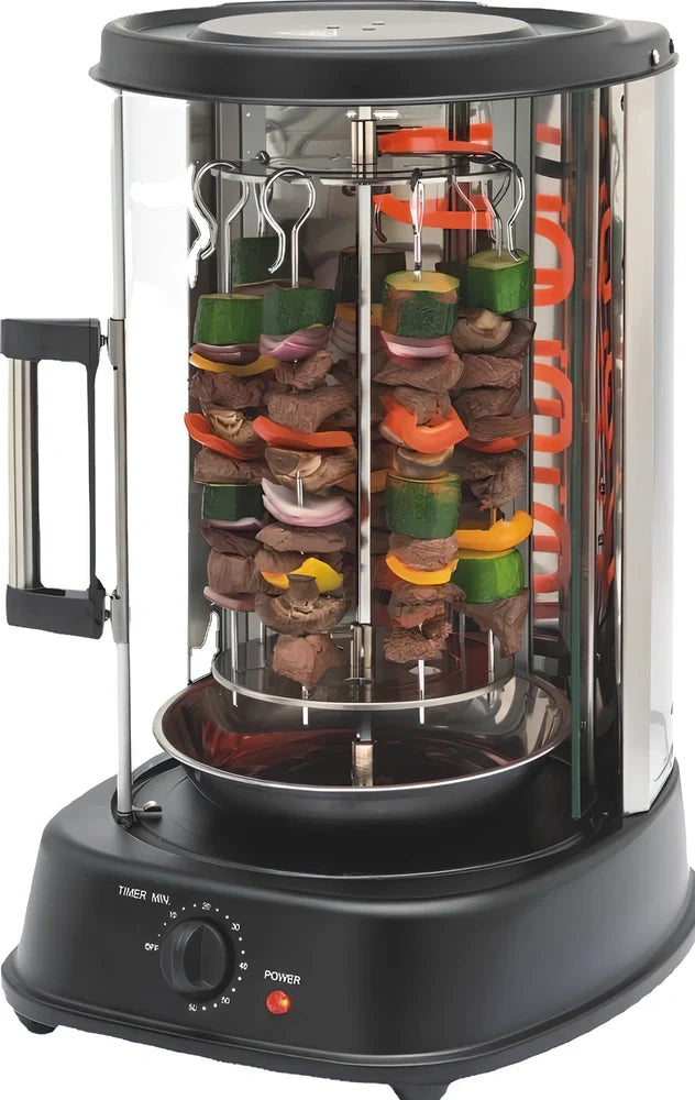 Black electric indoor rotisserie oven with 334x282x446mm dimensions and 21L cooking capacity