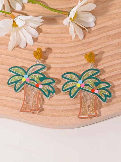 Colourful acrylic earrings with fruit and dessert designs including cherry, strawberry, watermelon, pineapple, coconut, cake and ice cream motifs