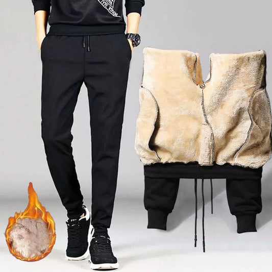 Men and women's black fleece drawstring pants for autumn and winter wear