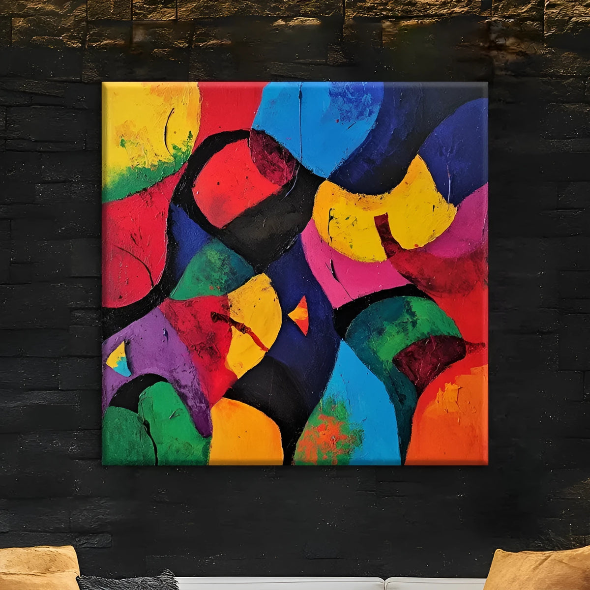 Hand-painted abstract oil painting on canvas, square unframed one-panel wall art, rolled for delivery