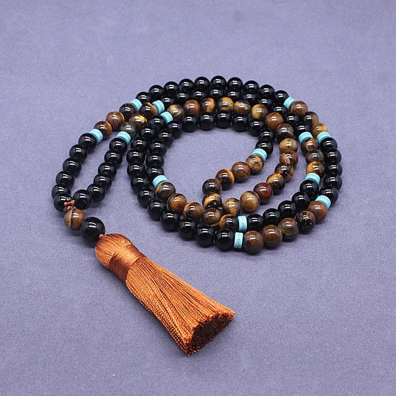 Black agate bracelet and tiger's eye stone necklace jewellery set with geometric shapes