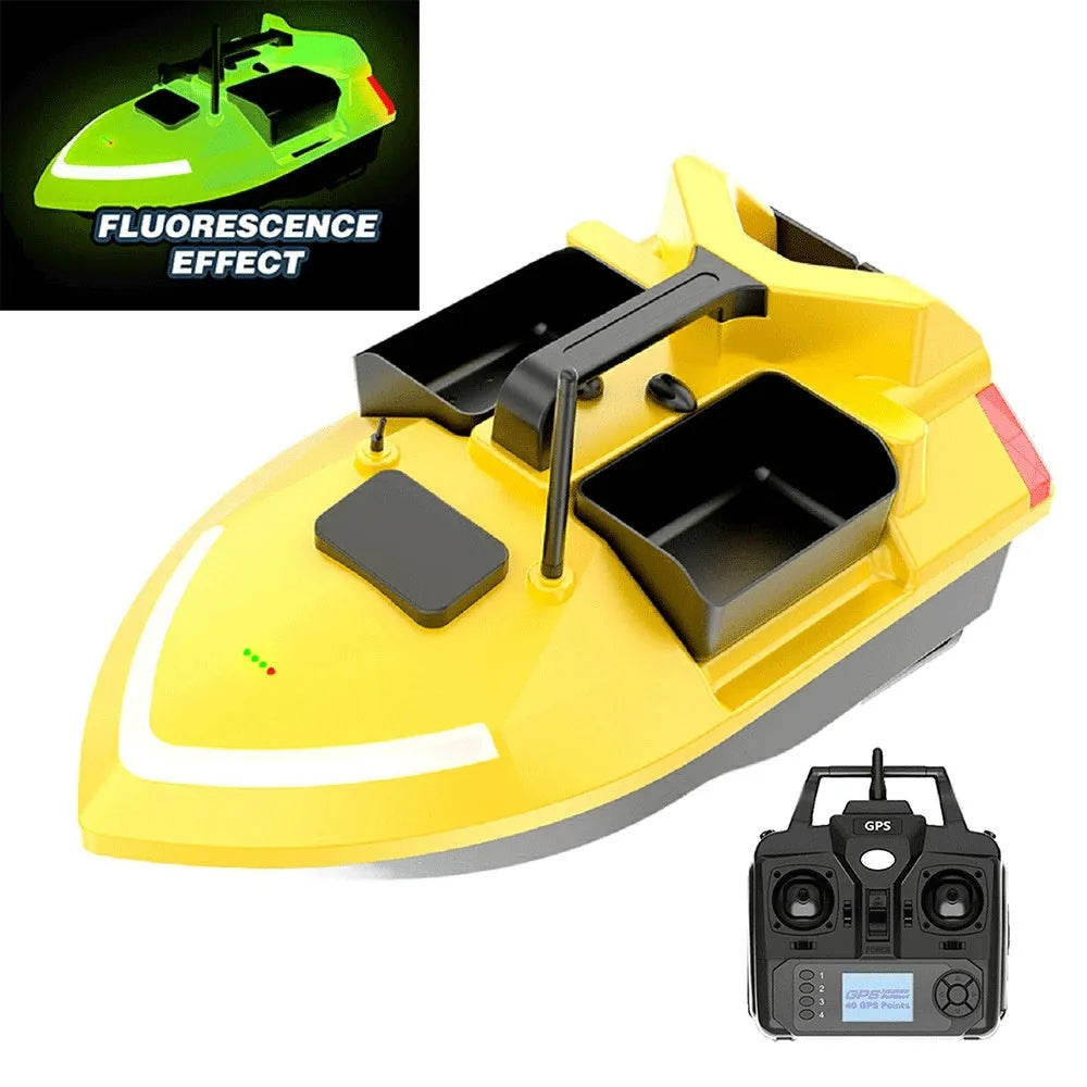 GPS remote control fishing boat with LED lights, measuring 49cm long, for bait placement and night fishing