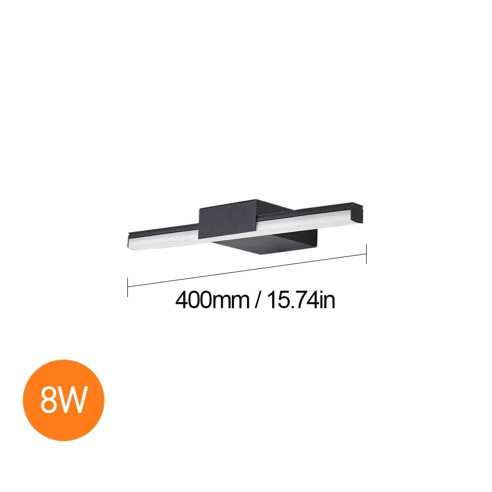 Nordic style bathroom LED mirror headlight in black or white, 40cm-60cm sizes with three lighting modes