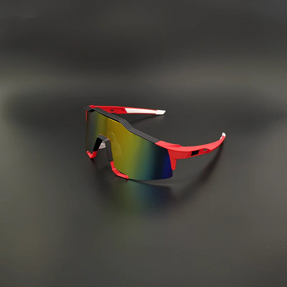 Cycling glasses with interchangeable lenses showing UV400 protection and lightweight frame design