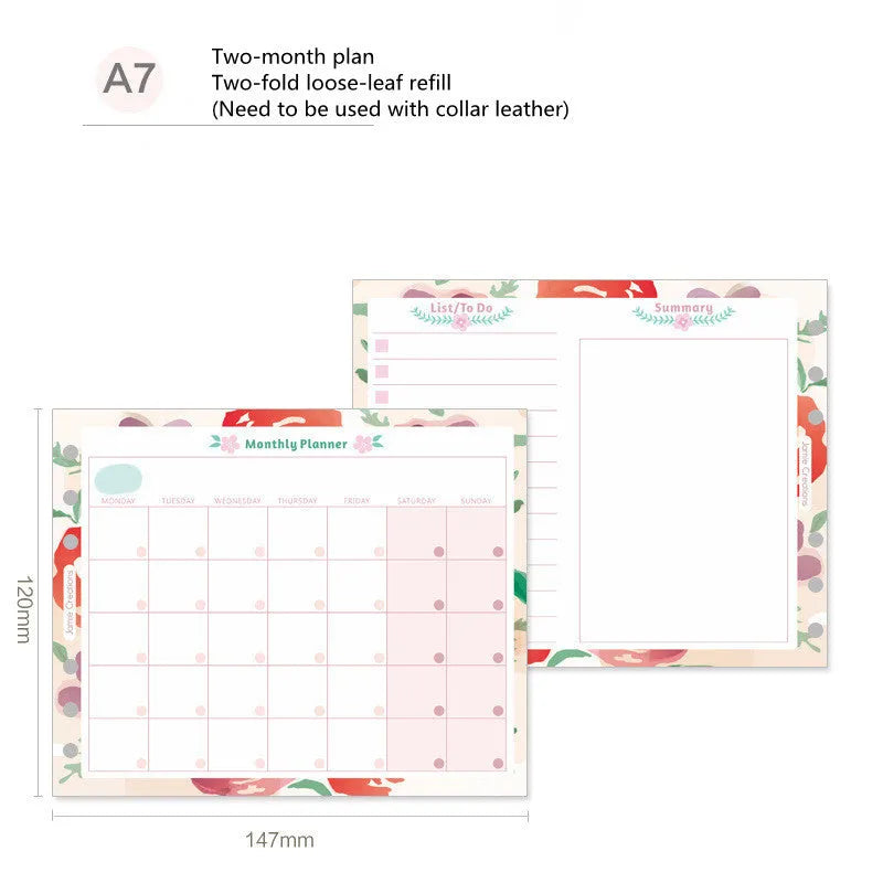 Four options of handbook loose-leaf refills showing floral and symphony designs in A5, A6, and A7 sizes