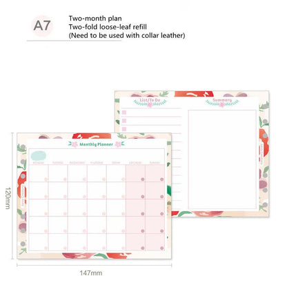 Four options of handbook loose-leaf refills showing floral and symphony designs in A5, A6, and A7 sizes