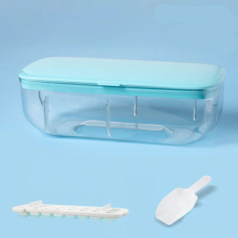 Quick release ice cube tray set with storage box and scoop, available in yellow, blue, and pink