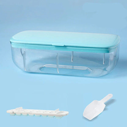 Quick release ice cube tray set with storage box and scoop, available in yellow, blue, and pink