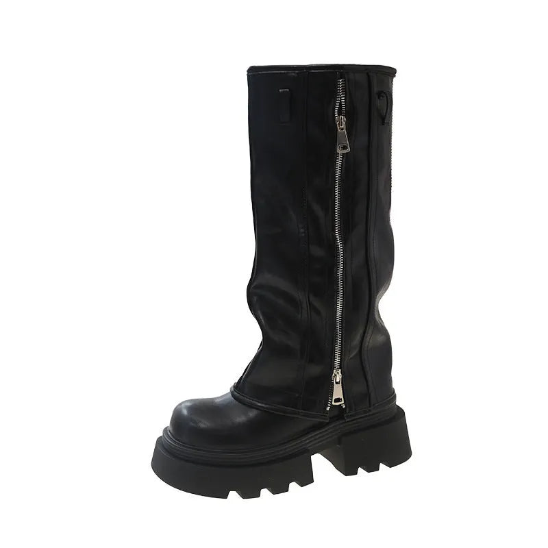Women's black platform Martin boots with high cylinder socks and square heel