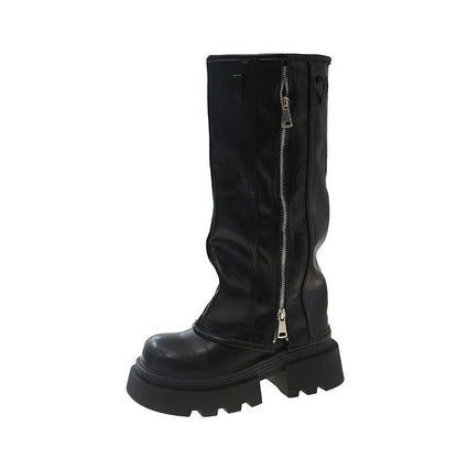 Women's black platform Martin boots with high cylinder socks and square heel