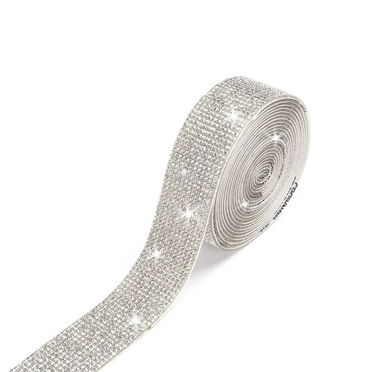 Long strip of electroplated glass water drill for fabric repair in white and iridescent AB colour, showing three width options.