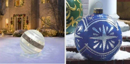 Vibrant, inflatable Christmas ornaments in various holiday designs for outdoor decoration