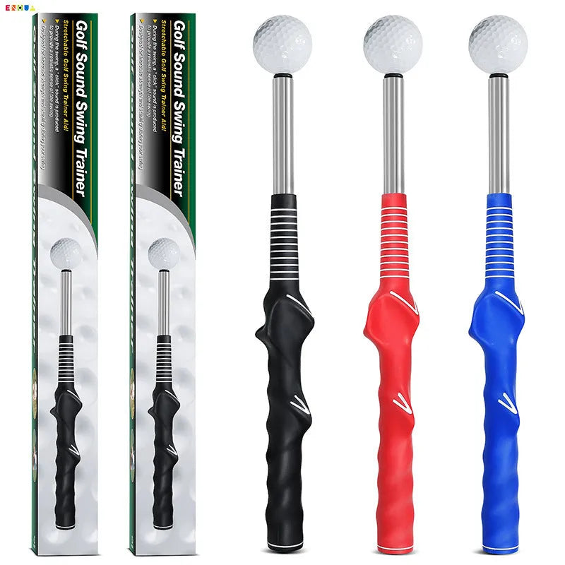 Golf telescopic swing simulator with adjustable stainless steel shaft and weighted head in black, blue, or red colours