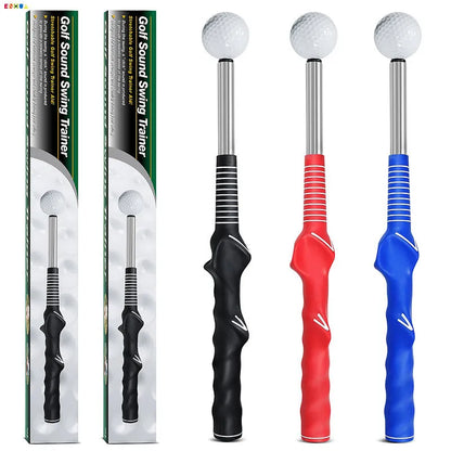 Golf telescopic swing simulator with adjustable stainless steel shaft and weighted head in black, blue, or red colours