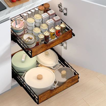 Black household storage rack with pull basket design made from wood and iron for kitchen organisation