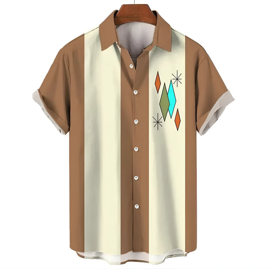 Man wearing a striped short-sleeve Hawaiian shirt with a button-up front in a casual setting.