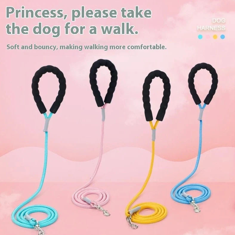 Adjustable pet vest with hand holding rope in blue, green, pink, or yellow colours