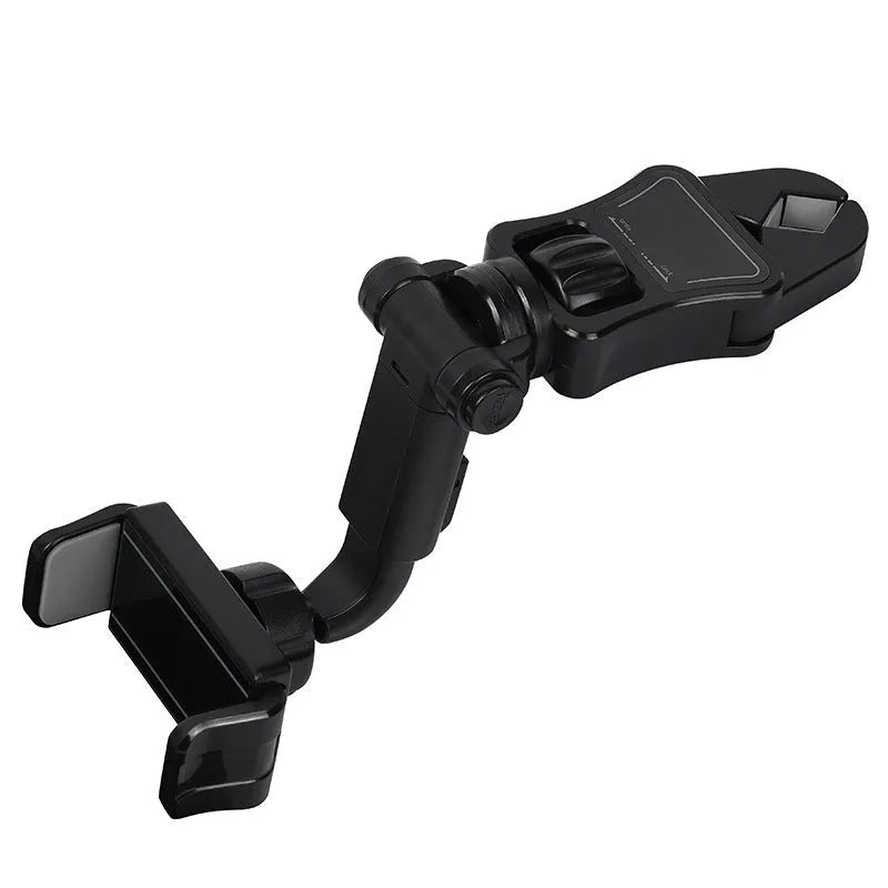 Black and green car phone holder mounted on rear view mirror bracket with AR navigation pillow design