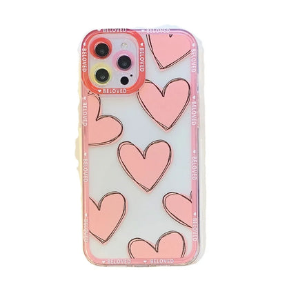 Pink and red love heart design TPU back cover case for compatible iPhone models.