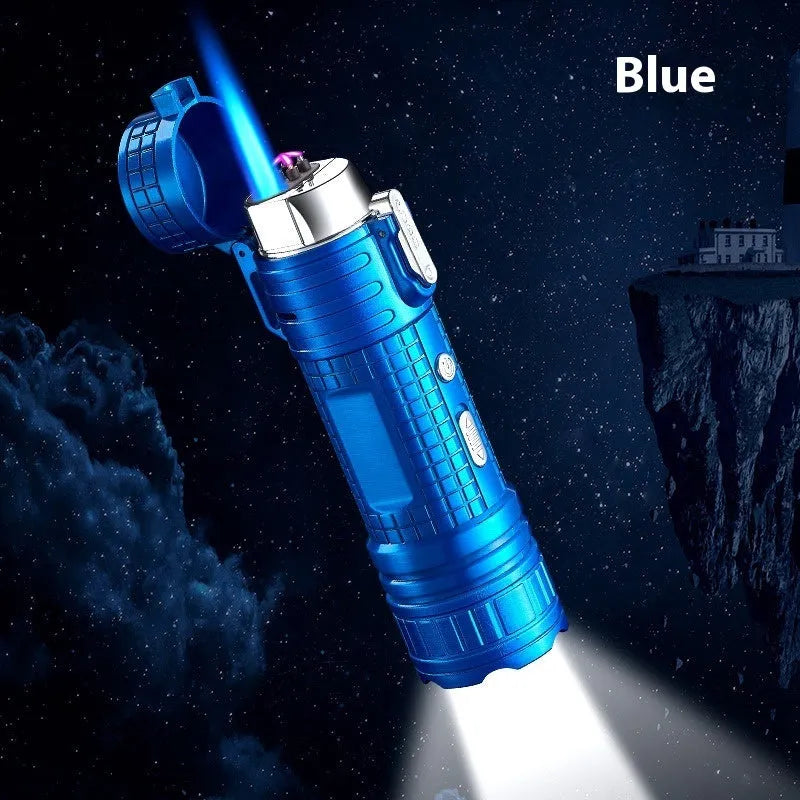 TH727 metal waterproof flashlight lighter in camouflage colour showing plasma arc and torch beam