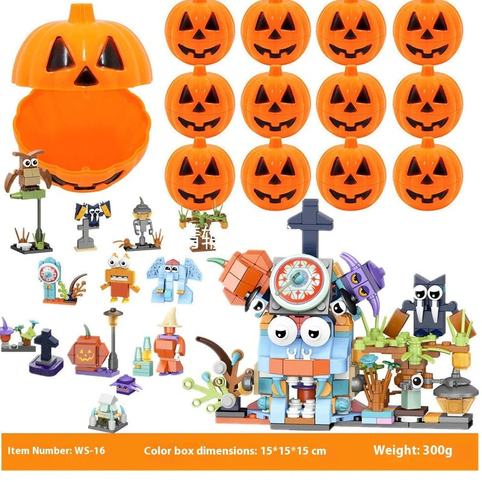 Halloween building blocks set showing six themed designs including handbag and lollipop shapes in colour box packaging