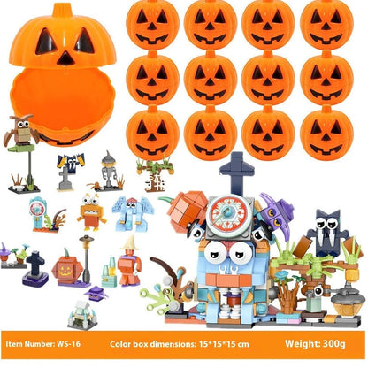 Halloween building blocks set showing six themed designs including handbag and lollipop shapes in colour box packaging