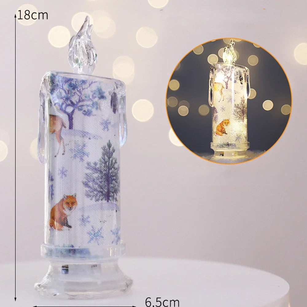 Transparent electronic Christmas candle showing house, snowman and bear designs, 18cm height