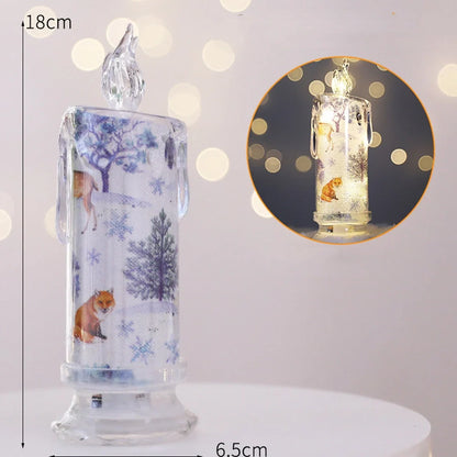 Transparent electronic Christmas candle showing house, snowman and bear designs, 18cm height