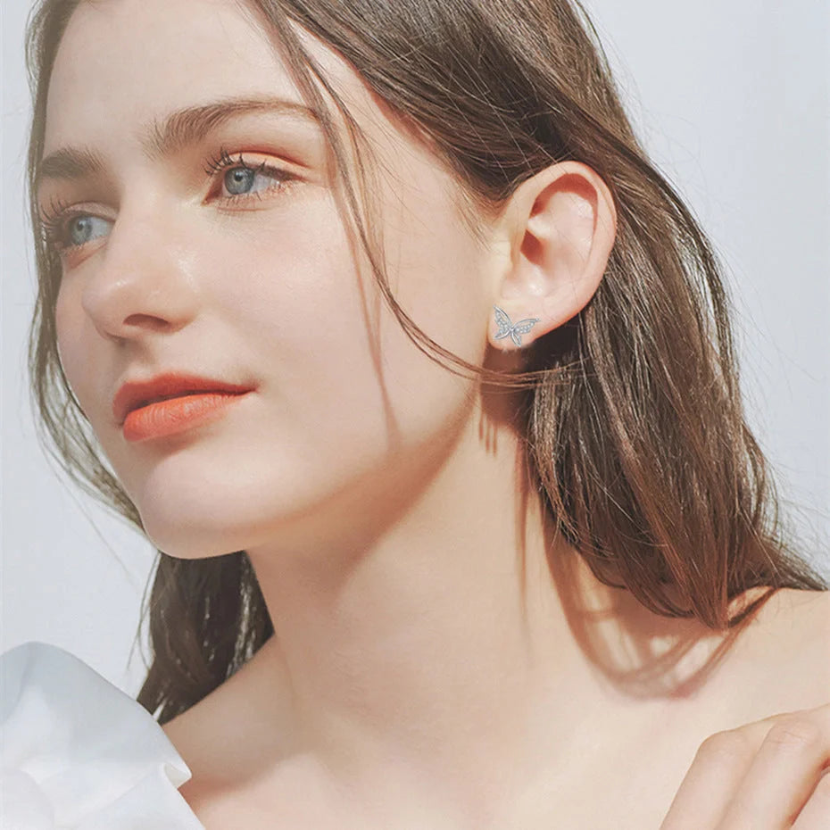 Black butterfly copper-plated stud earrings with full rhinestone zircon detailing