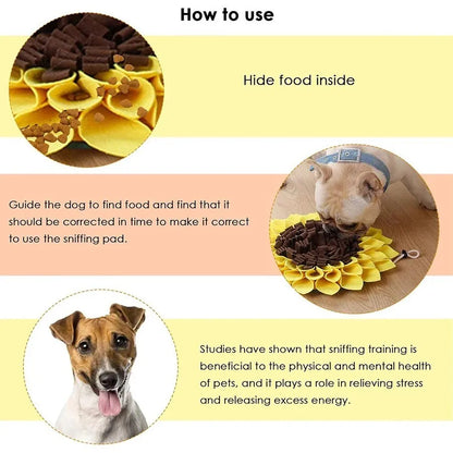 Yellow sunflower-shaped dog snuffle mat for slow feeding and nosework training on a floor.