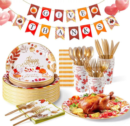 Red Thanksgiving plates and napkins set for holiday table settings