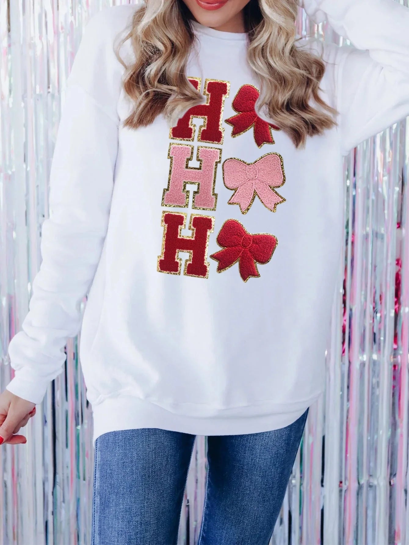 Women's Christmas Tree Sequin Sweatshirt in milky white with sparkling embroidery, perfect for holiday fashion.