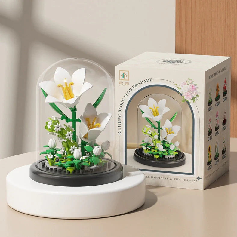 Eternal Flower Basket building blocks set with eight floral designs in colour box packaging