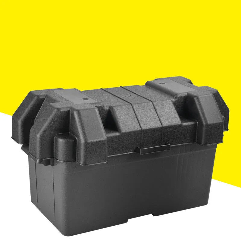 Black PP plastic battery storage box with strap and screw fixing in large and small sizes.