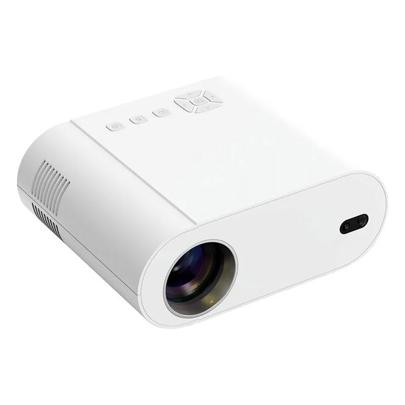 White T07 Full HD smart projector with remote control showing 1080p resolution and Android system