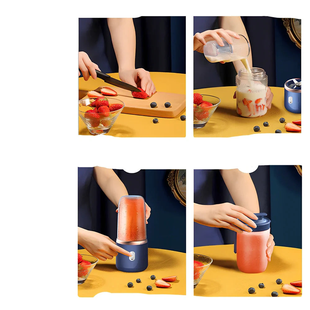 Portable juicer cup in sapphire blue with 400ml capacity and USB charging cable