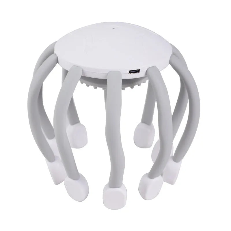 USB-powered handheld head massager with multiple flexible claws in black colour.