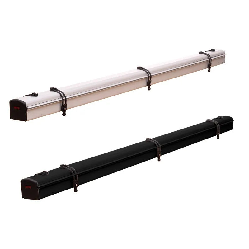 Black glue coated car sunshade tent with aluminium poles set up outdoors.