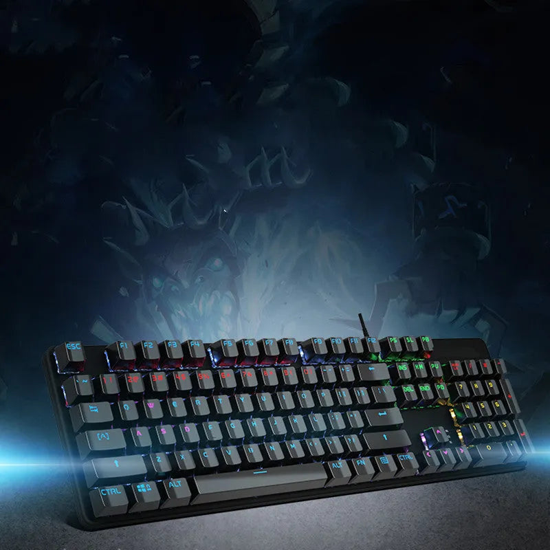 Real Mechanical Keyboard GK410 with 104 keys, metal frame, USB cable, and backlit keys for desktop computers