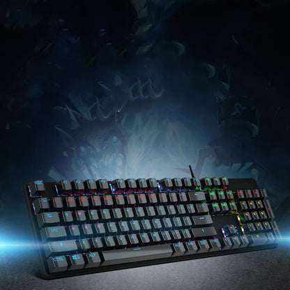 Real Mechanical Keyboard GK410 with 104 keys, metal frame, USB cable, and backlit keys for desktop computers