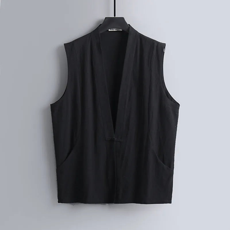 Men's solid colour linen sleeveless vest in loose fit for summer wear